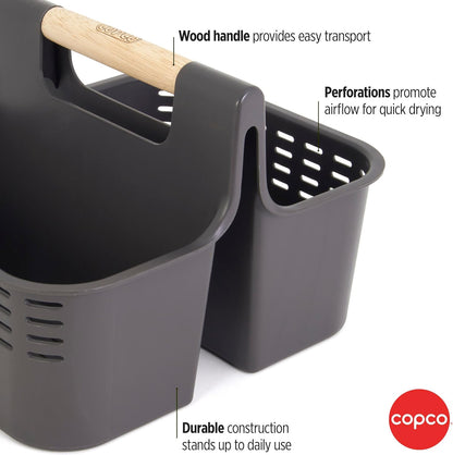 Copco Basics Bathroom and Shower Caddy with Wooden Handle - Charcoal Gray, Dual Compartment Organizer with Ventilation Holes, Portable Tote for Dorm, Home, and Travel Toiletries