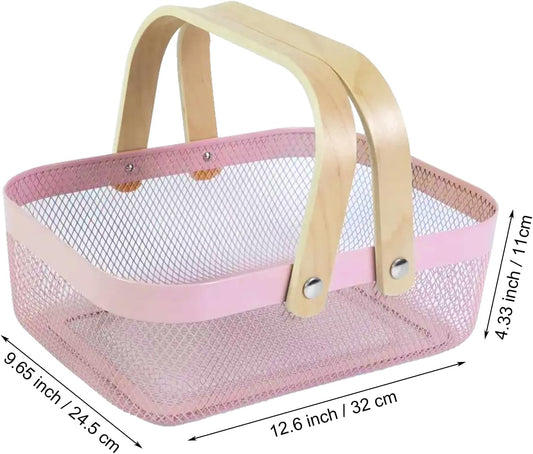AJIODA Metal Mesh Steel Basket, Storage Organizer Basket Garden Harvest Basket Multi-functional Kitchen Fruit Baskets Bin with Wooden Handle for Bathroom Picnic Shopping Decor Cabinet Home, Pink