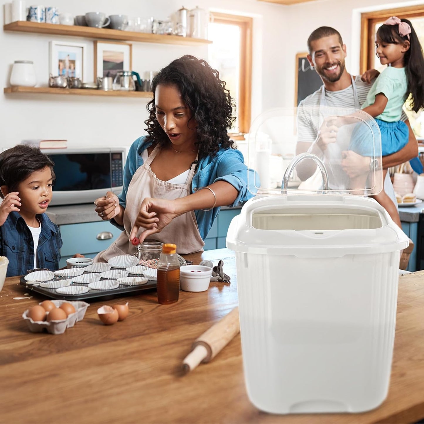 Blushtier 4 Pack Sugar Storage Containers Flour Bin with Wheels Large Pet Dog Food Storage Boxes Measuring Cup Sealed Transparent Flip Lid Portable Household Rice Container Set(20 Lbs)