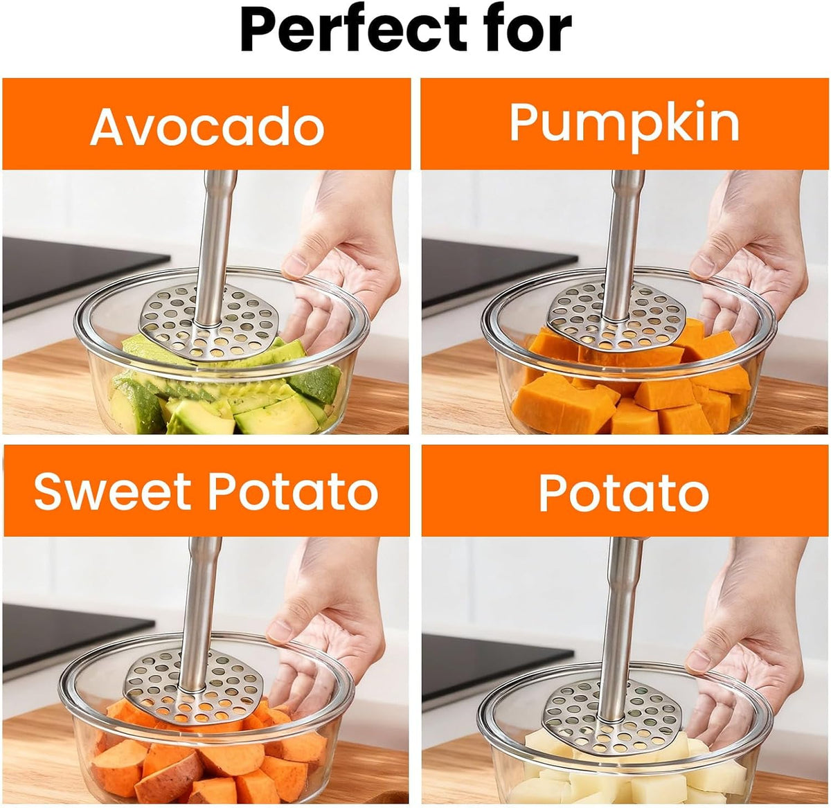 316L Stainless Steel Potato Masher, Dishwasher Safe, Bean Masher