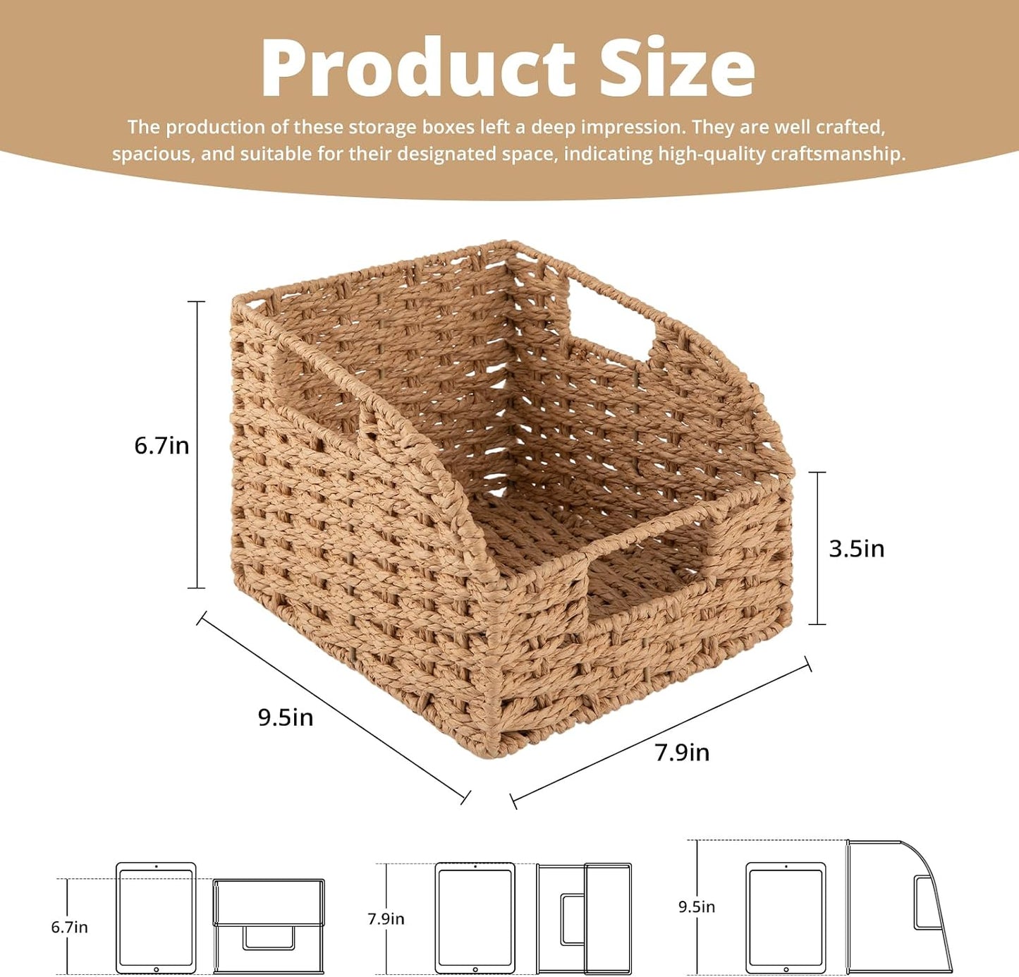 OIAHOMY Pantry Baskets for Organizing, Paper Rope Baskets with Built-in Handles, Wicker Storage Bins for Shelves, 2 Pack-Yellow