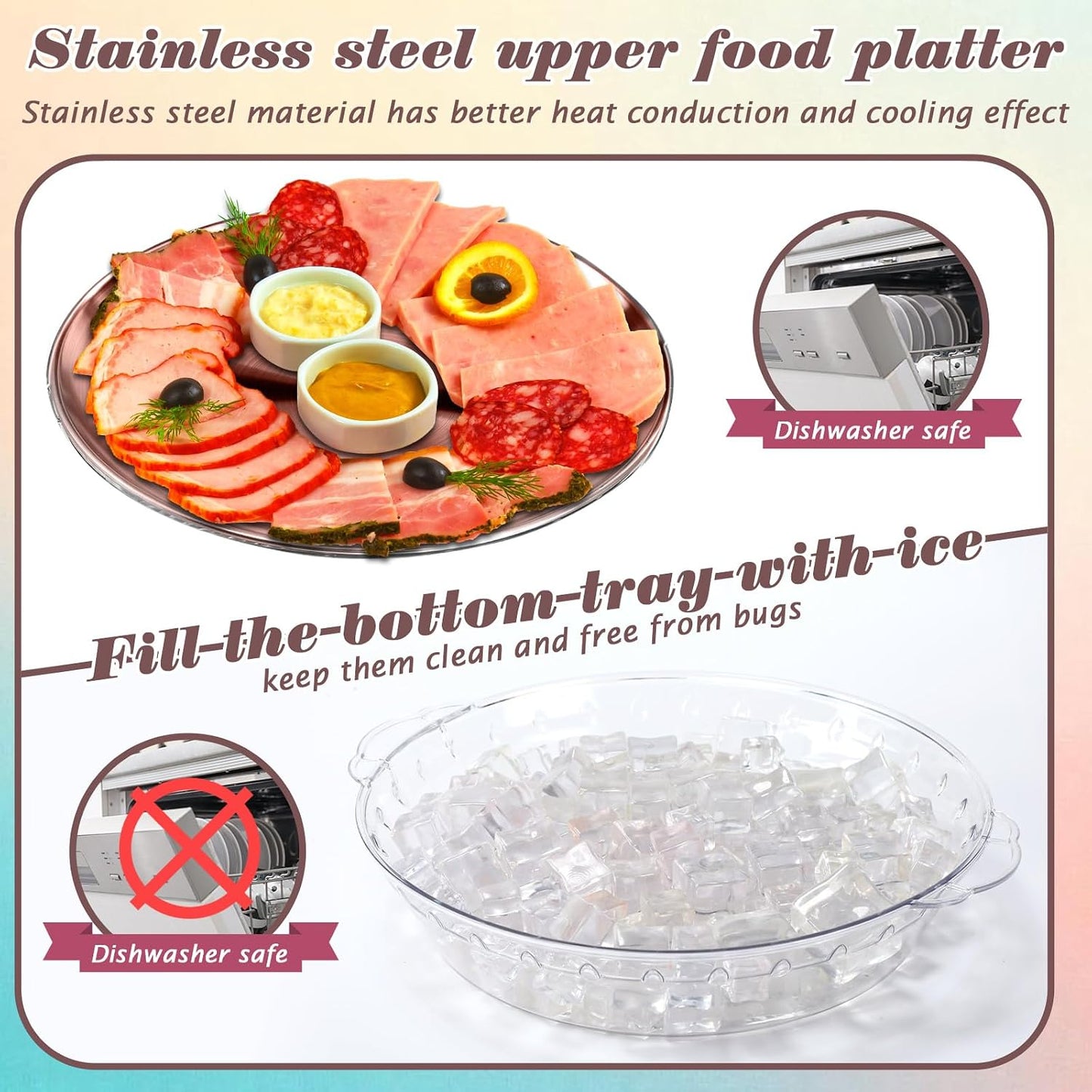 Baderke 3 Set 11.8" Chilled Serving Tray for Parties with Compartments Ice Chilled Party Platter Charcuterie Serving Board Cold Dish Dip for Fruit Seafood Vegetable Shrimp Cocktail (Natural)