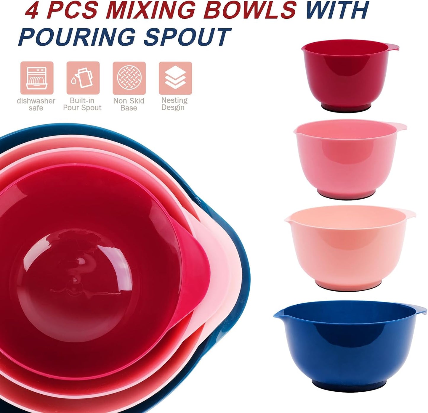 BoxedHome Nesting Plastic Mixing Bowl Set With Pour Spout, Microwave and Dishwasher Safe, BPA free Non-Slip Base, Set of 4 Size 1.7, 2.5, 3.5 and 4.5qt, Great for Prepping, Baking, Cooking (Dark Blue)