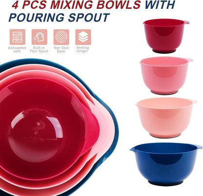 BoxedHome Nesting Plastic Mixing Bowl Set With Pour Spout, Microwave and Dishwasher Safe, BPA free Non-Slip Base, Set of 4 Size 1.7, 2.5, 3.5 and 4.5qt, Great for Prepping, Baking, Cooking (Dark Blue)