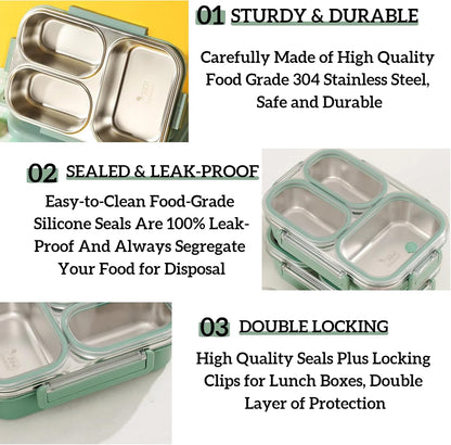 Stainless Steel Bento Box for Kids, 3-Compartment Leakproof Lunch Box with Lid, Toddler Food Container for School, Microwave Safe, Dishwasher Safe, BPA Free, 25oz(green)