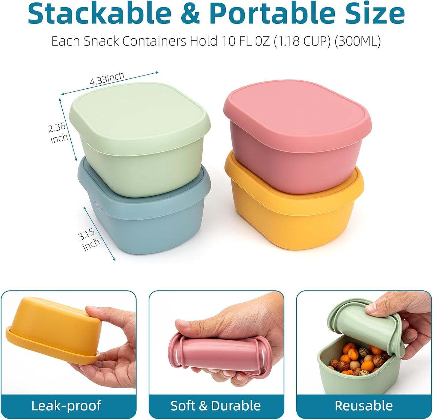 10oz(8pcs) Silicone Snack Containers Food Storage Containers, Reusable Small Snack Container with Lids, Stackable For Meal Prep,Fruit,Freezer