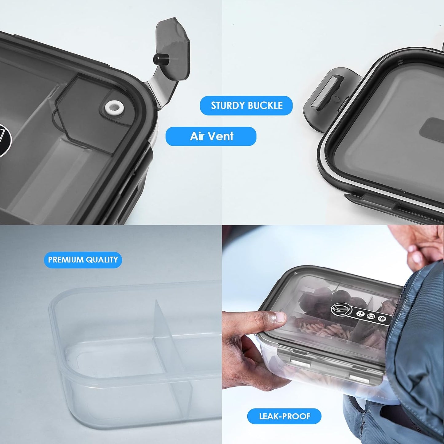 Bento Box Adult Lunch Box, 3 Compartment Meal Prep Containers with Lids, Clear Lunch Box Containers for Adults Men Women, Food Storage Containers - Microwave, Dishwasher Safe (Gray-Solid)
