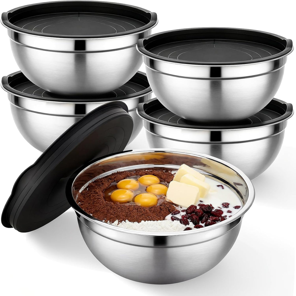 Beasea Stainless Steel Mixing Bowls, 5 Pack 1.5 QT Stackable Nesting Mixing Bowls with Airtight Lids, Metal Bowl with Lid for Baking, Meal Prepping, Salad, Serving, Food Storing