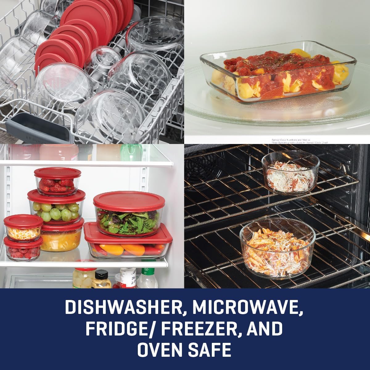 Anchor Hocking 12 Piece Glass Storage Containers with Lids (6 Glass Food Storage Containers & 6 Navy Blue SnugFit Lids)