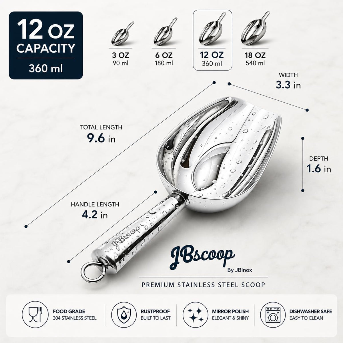 JBscoop Stainless Steel Scoop for ice, 9.6 Inch Metal Food Scoop Kitchen Bar Party Wedding Heavy Duty Dishwasher Safe - 8 Oz