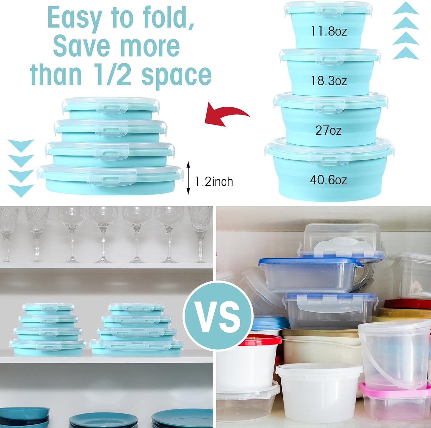 Yaomiao 16 Pack Collapsible Food Storage Containers with Lid Foldable 8 Pcs Rectangle Storage Bowl and 8 Pcs Round Silicone Food Bow for Lunch Rv Accessories Microwave Freezer Safe(Gray, Blue)