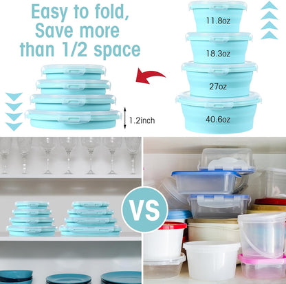 Yaomiao 16 Pack Collapsible Food Storage Containers with Lid Foldable 8 Pcs Rectangle Storage Bowl and 8 Pcs Round Silicone Food Bow for Lunch Rv Accessories Microwave Freezer Safe(Gray, Blue)
