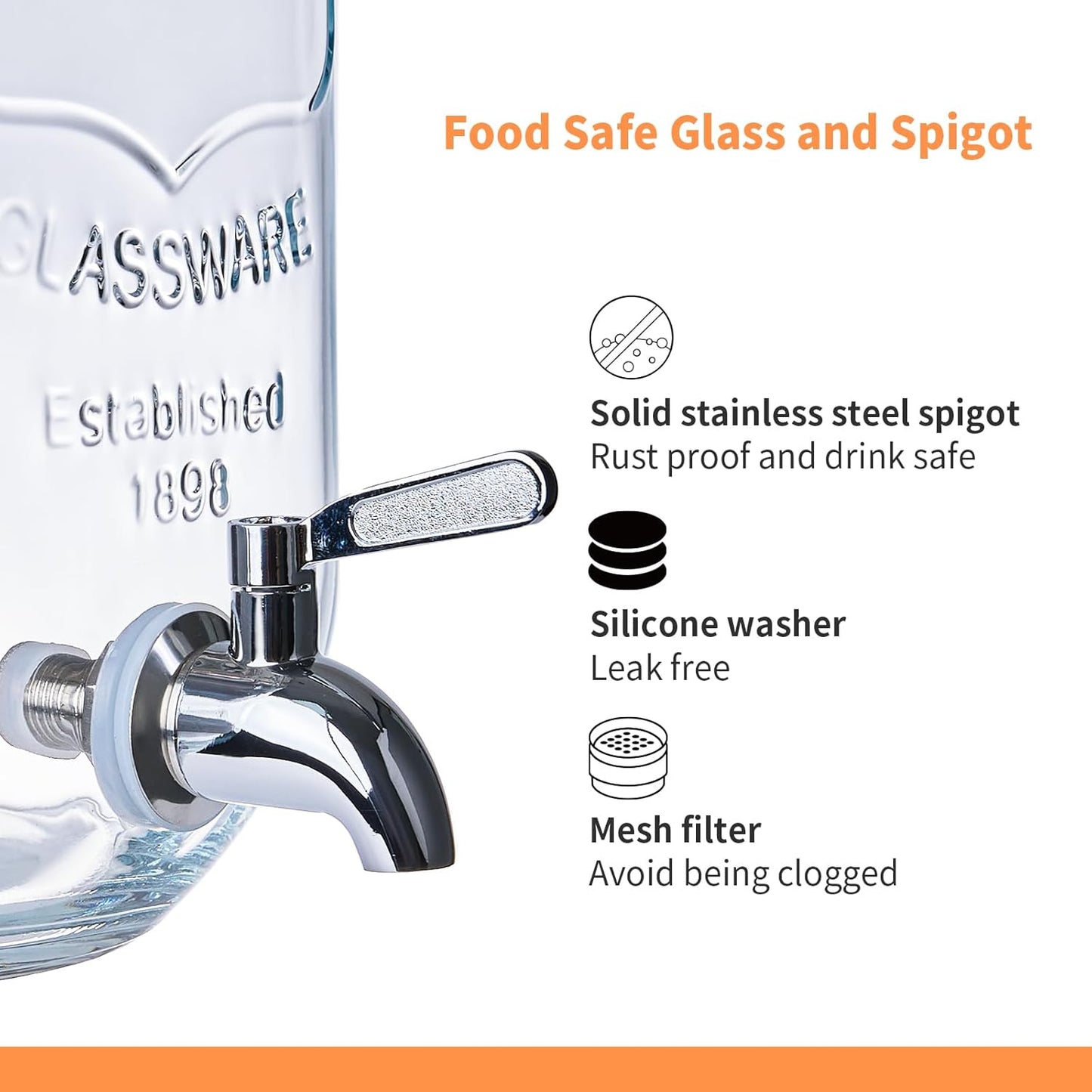 2 Pack1Gallon Glass Drink Dispenser with Stand&Bamboo Lids&Fruit Infuser,304 Stainless Steel Leak-Proof Spigot,Beverage Dispenser for Parties,Water Sangria Juice Sun Tea Lemonade(Natural)