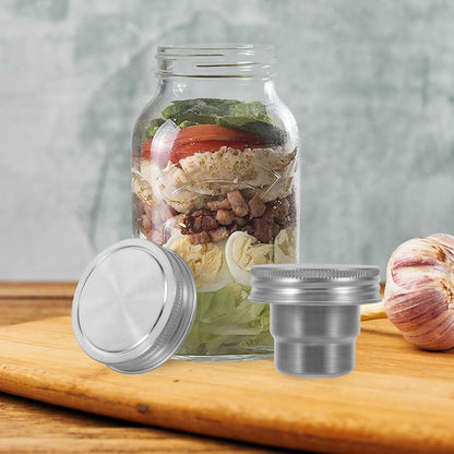 Ipetboom 2 Sets Mason Jar Divider Cup with Stainless Steel Lid - 70ml Meal Prep Salad Dressing Container Insert for Veggies Snacks Sealing Lid Fits Regular Mason Jars
