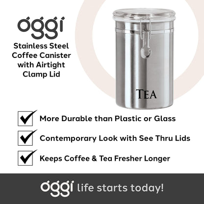 Oggi Stainless Steel Sugar Canister 62 fl oz - Airtight Clamp Lid, Clear See-Thru Top - Ideal Sugar Container for Countertop, Sugar Jar, Bulk Sugar Storage. Large Size 5" x 7.5".