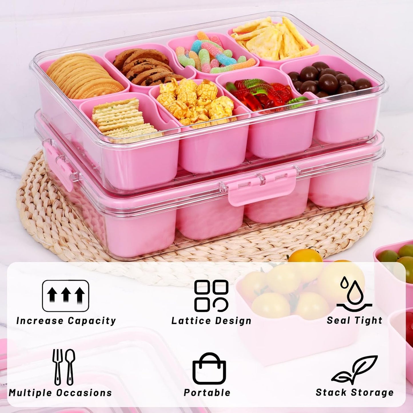 Snack Box Container with Insulated Cooler Bag, Divided Serving Tray with Lid and Handle Beach Essentials, Snackle Box Veggie Fruit Tray with 8 Compartments & 8 Forks & 2 Spoon
