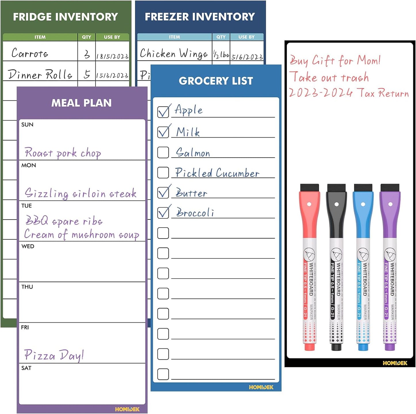 Magnetic White Board for Fridge - Dry Erase Meal Planner for Refrigerator - Weekly Menu Board, Grocery List, Memo Pad, Fridge and Freezer Inventory List - Kitchen Whiteboard with 4 Markers - 4" x 10"