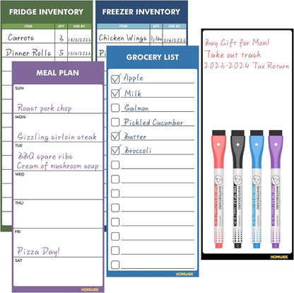 Magnetic White Board for Fridge - Dry Erase Meal Planner for Refrigerator - Weekly Menu Board, Grocery List, Memo Pad, Fridge and Freezer Inventory List - Kitchen Whiteboard with 4 Markers - 4" x 10"