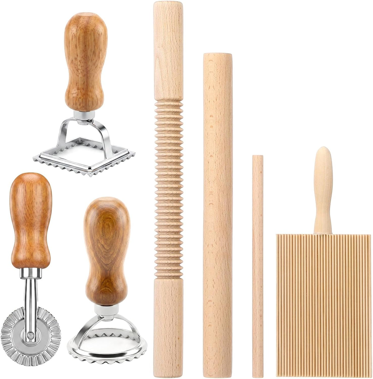 Pasta Making Tools 7Pcs Wood Gnocchi Board Ravioli Stamp Roller