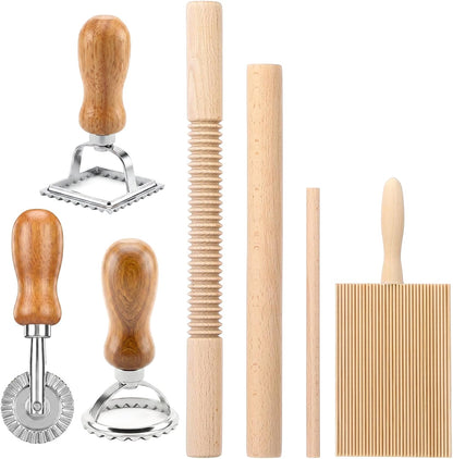 Pasta Making Tools 7Pcs Wood Gnocchi Board Ravioli Stamp Roller