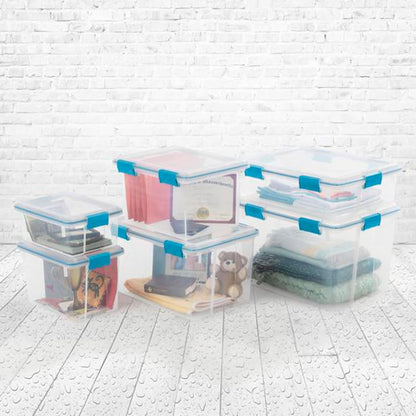 Sterilite 80 Qt Gasket Box, Stackable Storage Bin with Latching Lid and Tight Seal, Plastic Container to Organize Basement, Clear Base and Lid, 1-Pack