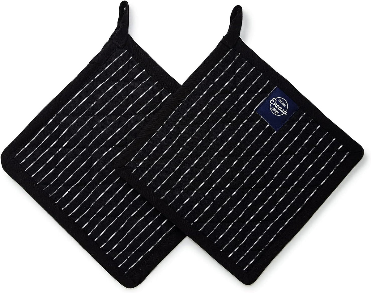 Encasa XO Pot Holders, Quilted Kitchen Hot Pads 8"x8" Black