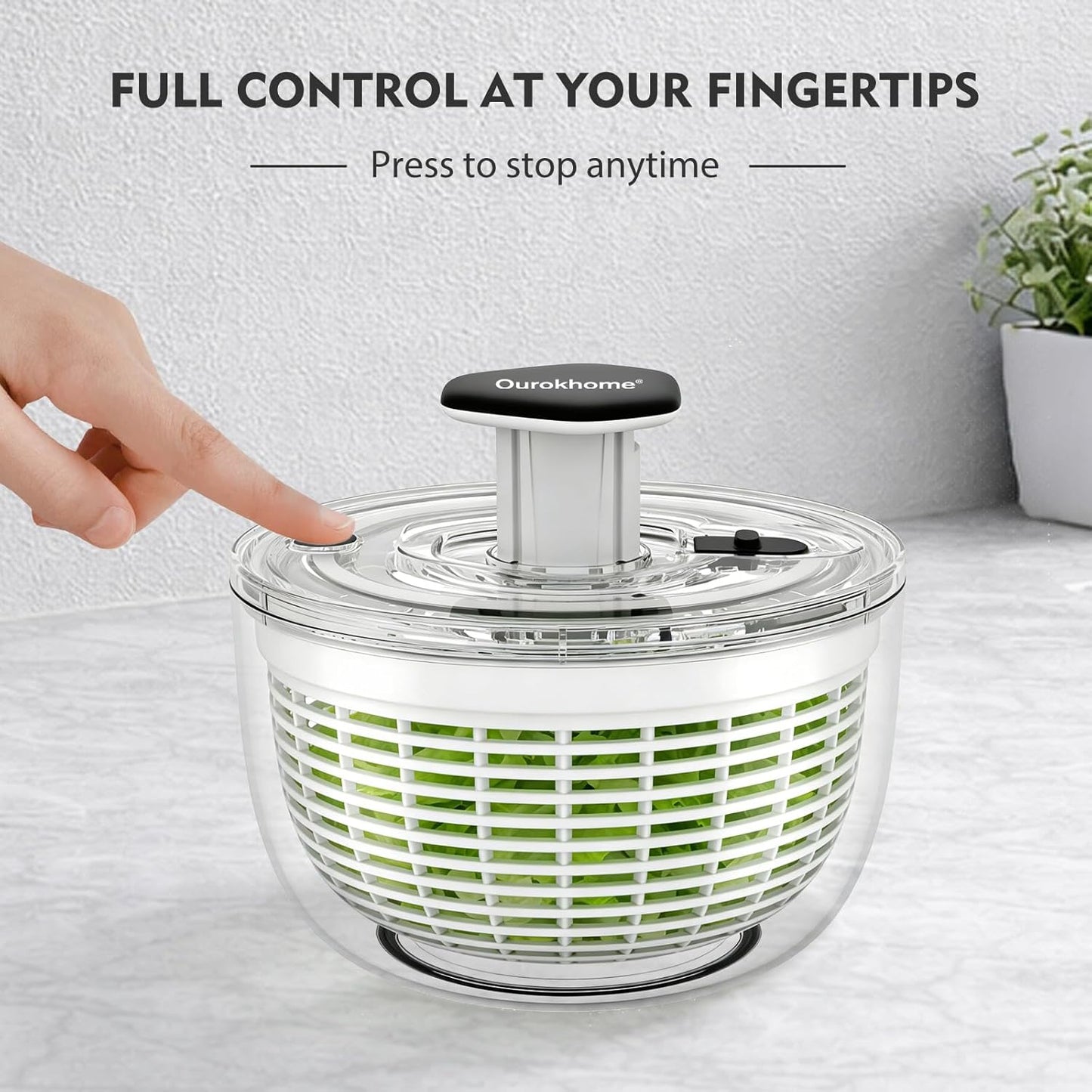 Ourokhome 6.3 QT Salad Spinner with Fully Removable Lid, Large Lettuce Dryer with One-Hand Press Pump, Instant Stop Brake Button and Retractable Handle, Vegetable Washer & Spinner for Greens and Herbs