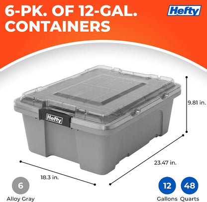 Hefty MAX Pro 12 Gallon Storage Bins with Latching Lids, Heavy Duty Stackable Plastic Storage Containers for Garage, Basement & Outdoor Use, Utility Storage Tote, 6 Pack, Gray