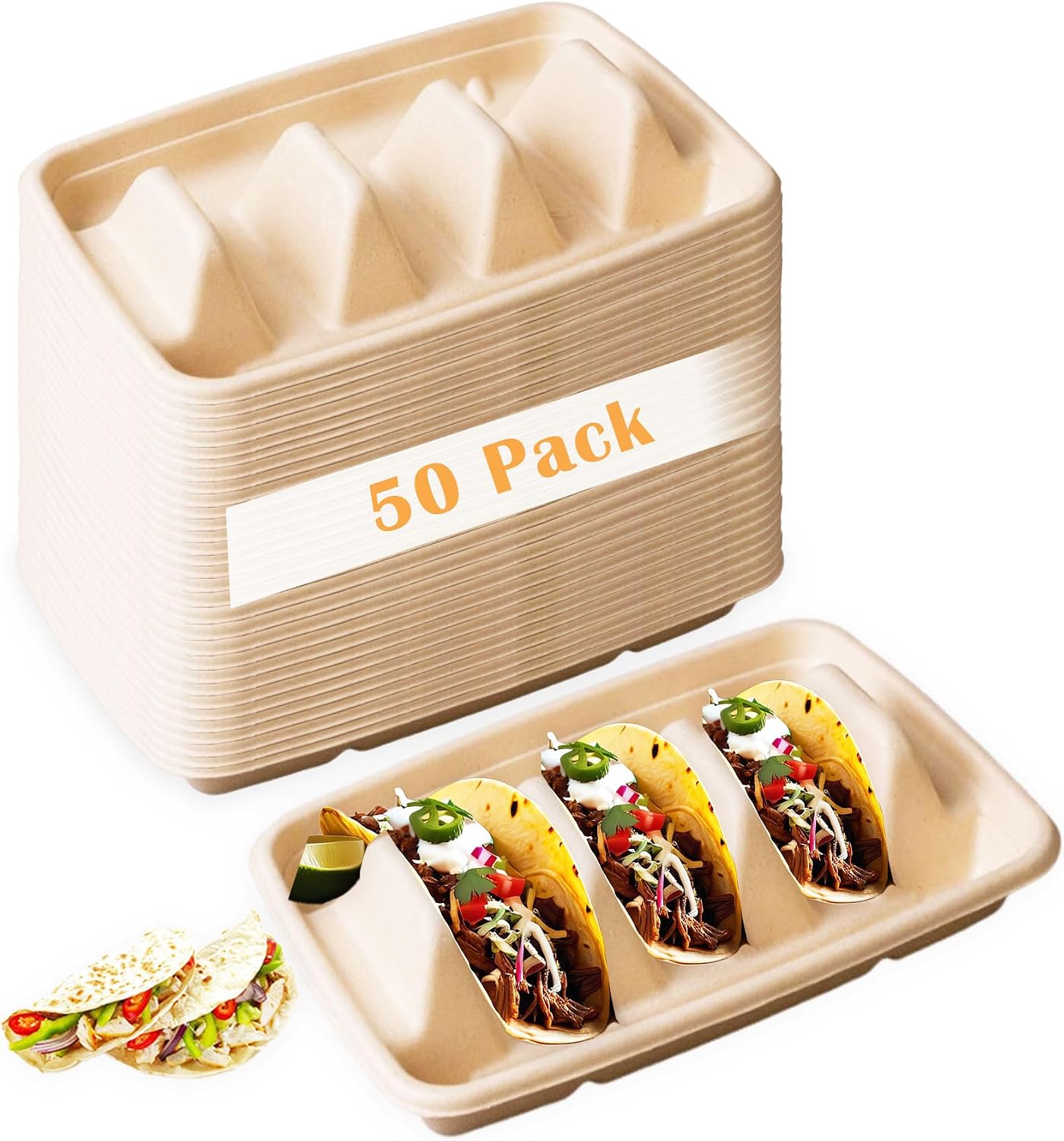 Nexboraque 50 Pack Disposable Taco Holder, 3 Compartments Biodegradable Taco Plates Taco Stands Bar Serving Set for a Party, Taco Tuesday, Microwave Safe