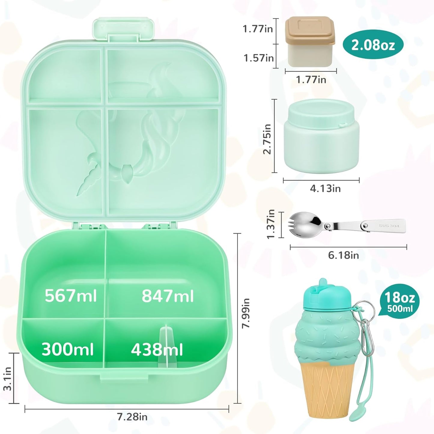 Lunch Box Kids, Leak Proof 5 Compartment Bento Box for Kids, 13oz Thermo for Hot Food Kids Lunch Box,Hot Lunch Box for School Travel
