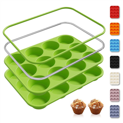 2 Pack 12 Cups Silicone Muffin Pan with Metal Reinforced Frame Regular Size Silicone Molds Cupcake Cake Baking Pans Cookie Baking Chocoflan Cupcake Mold Nonstick Muffin Tin Home Baking Supplies