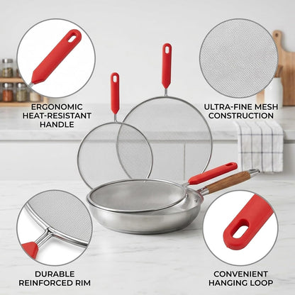 2 Splash Grease Screen for Frying Pans, Stainless Steel Oil Splatter Grease Splatter Guard for Frying Pan, Kitchen Cooking Protection, Splatter Guard with Heat Resistant Handles