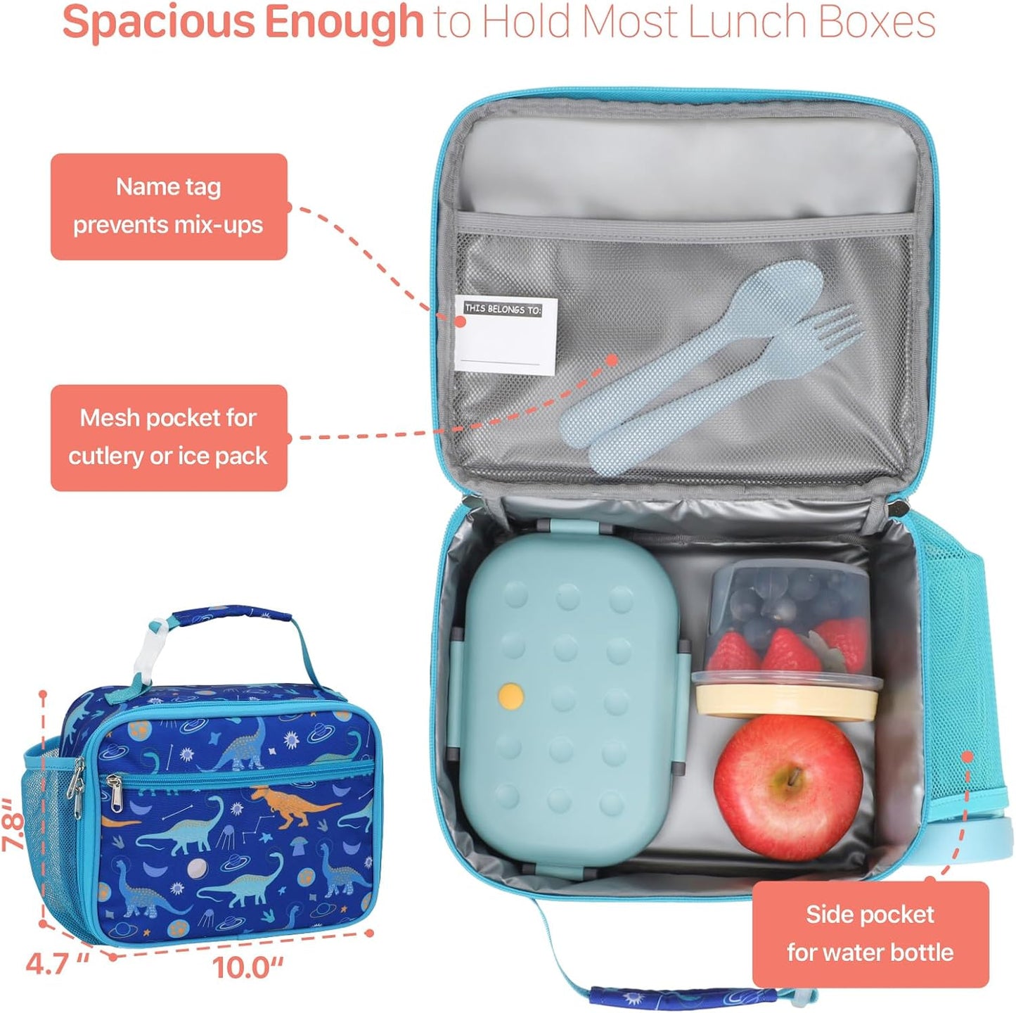Kids Lunch Bag Boys - Insulated Kids Lunch Box Reusable Lunchbox with Water Bottle Holder Toddler Lunch Tote Bag for School Daycare, Black Dino Fossil