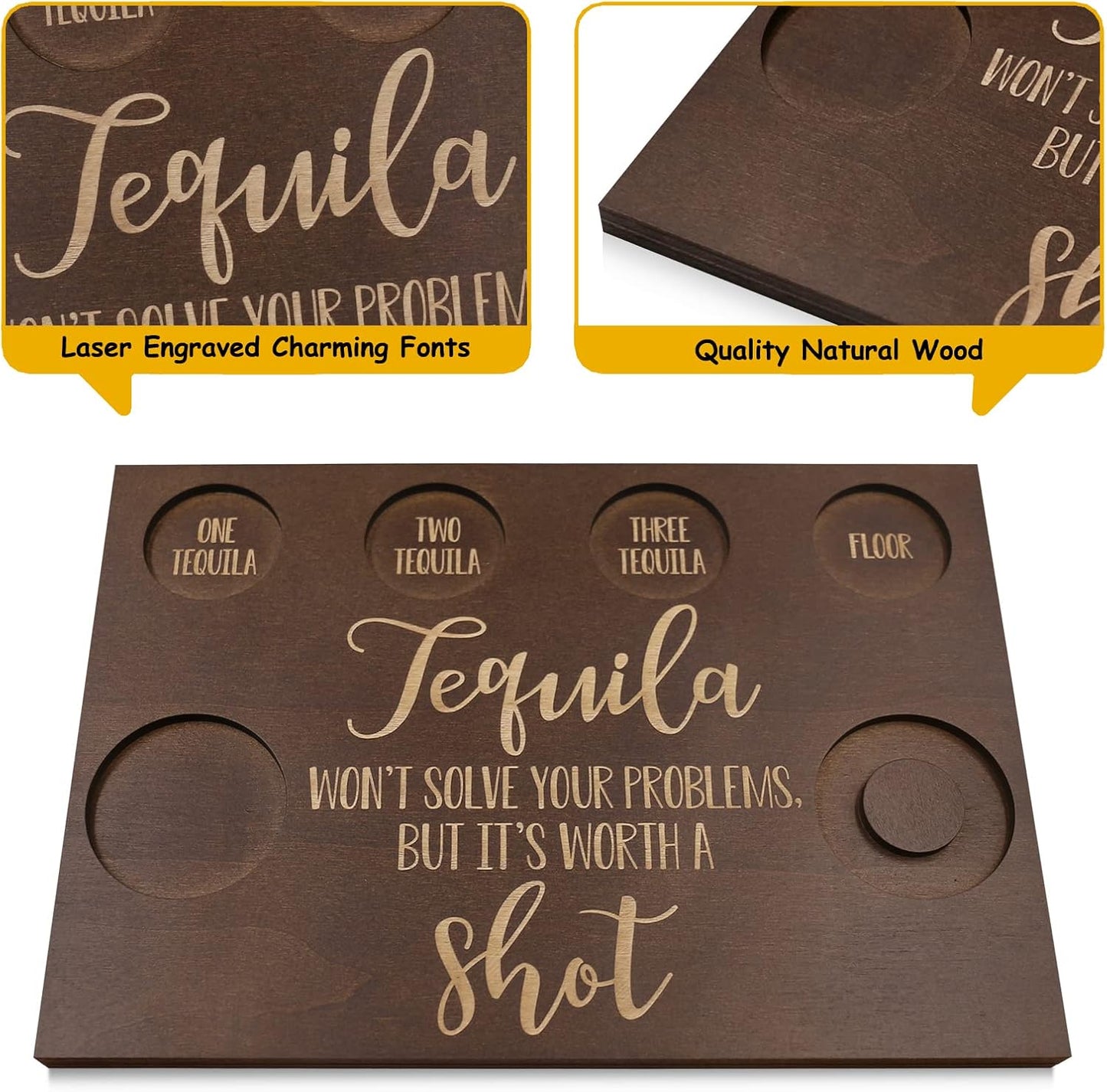 Tequila Gifts for Women and Men - Shot Board and Glass Holder Wooden Bar Tray with Salt Rim - for Liquor, Parties, Weddings, Housewarmings
