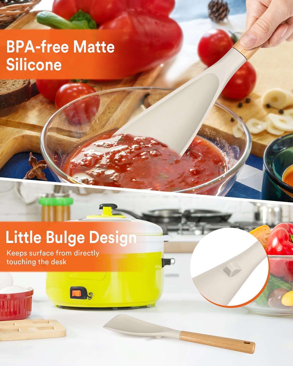 Cooking Spoon for Nonstick Cookwares, Great for Cooking and Serving Sturdy BPA-Free Matte Silicone, Wood Handle Spoon for Mixing, Scoop, and Scrape (Black & Grey, 11.4 inch)