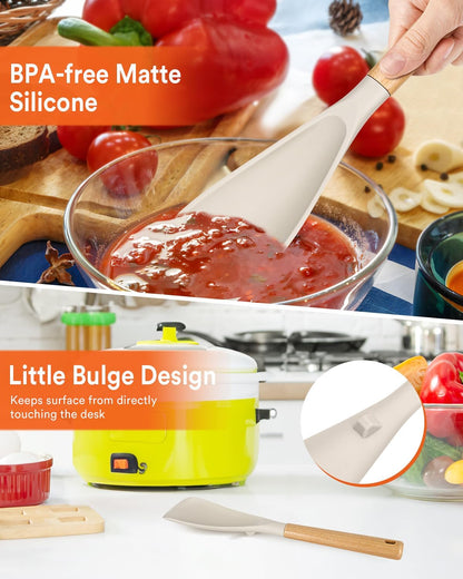 Cooking Spoon for Nonstick Cookwares, Great for Cooking and Serving Sturdy BPA-Free Matte Silicone, Wood Handle Spoon for Mixing, Scoop, and Scrape (Black & Grey, 11.4 inch)