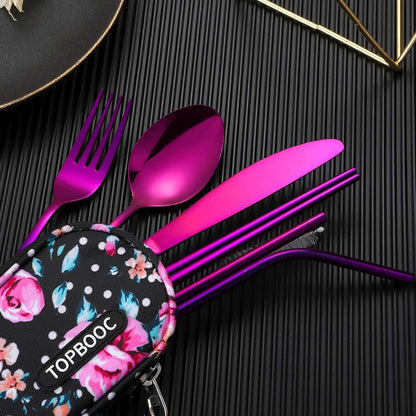 Travel Utensils,Reusable Silverware Set To Go Portable Cutlery Set with a Waterproof Carrying Case for Lunch Boxes Workplace Camping Picnic (Purple)