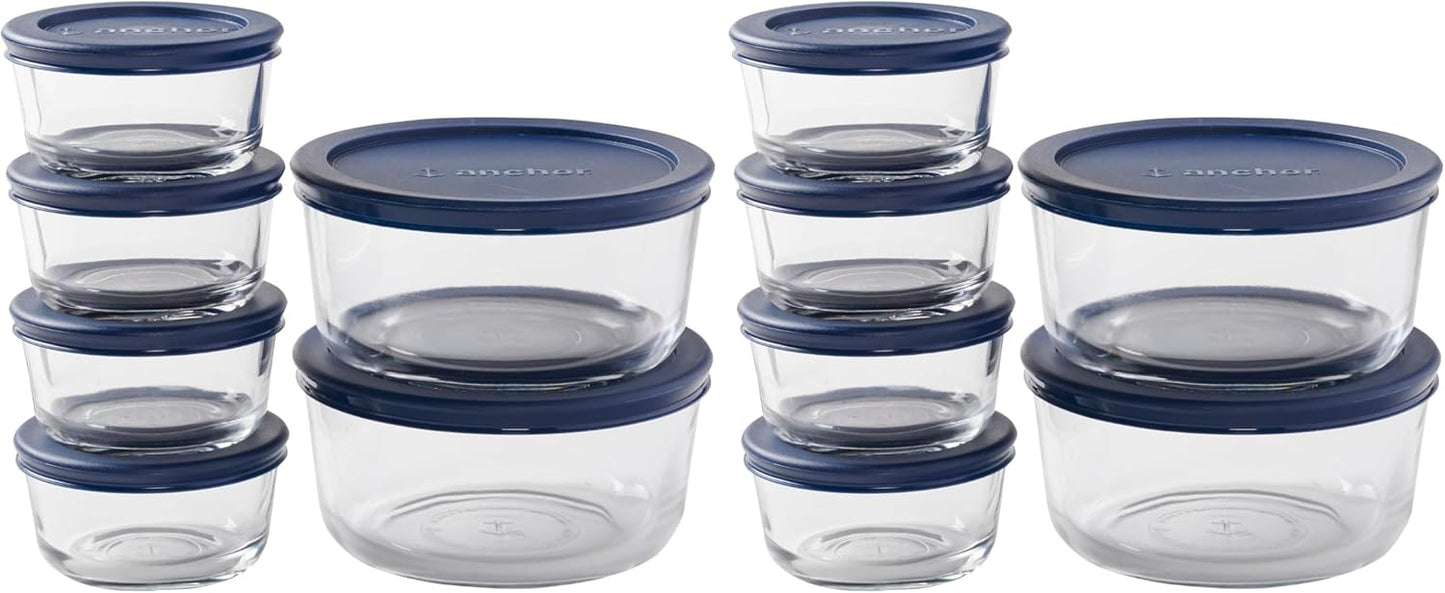 Anchor Hocking 12 Piece Glass Storage Containers with Lids (6 Glass Food Storage Containers & 6 Navy Blue SnugFit Lids)