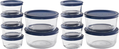Anchor Hocking 12 Piece Glass Storage Containers with Lids (6 Glass Food Storage Containers & 6 Navy Blue SnugFit Lids)
