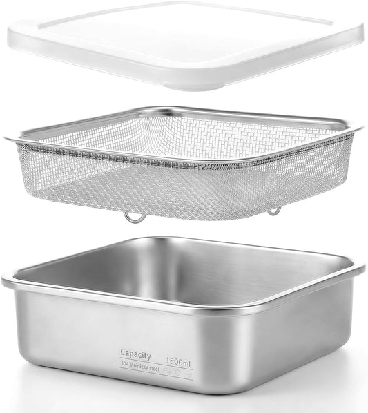 Stainless Steel Colander Set, Square Strainer with Lid for Draining Vegetable Washing Rice, 2 in 1 Strainer Bowl & Food Storage Container Food Preparation Box Bowl (1500ml)
