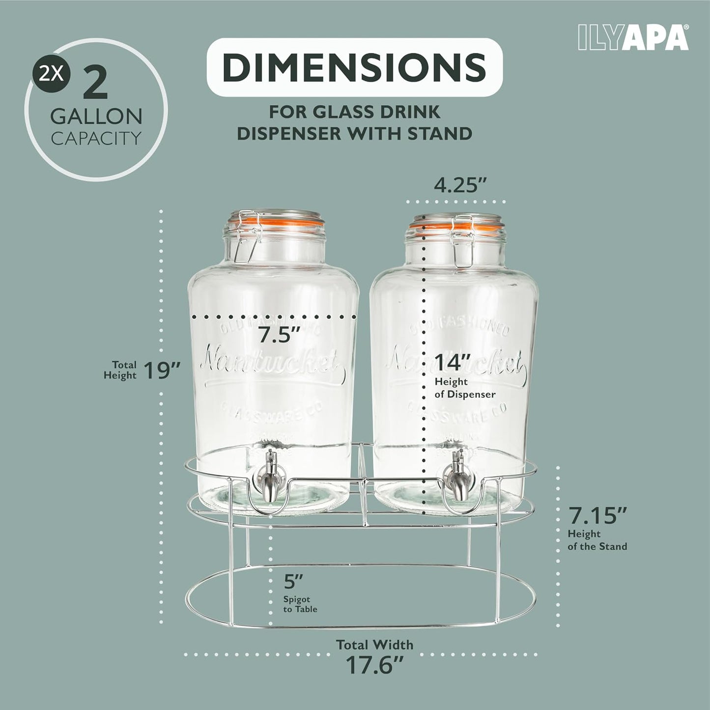 Ilyapa 2 Gallon Glass Beverage Dispenser, Metal Base, Stainless Steel Spigot & Hanging Chalkboard - for Lemonade, Tea, Cold Water & More