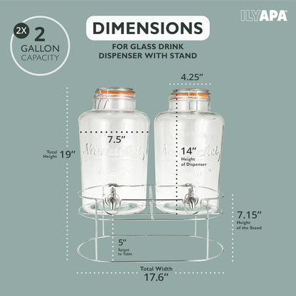 Ilyapa 2 Gallon Glass Beverage Dispenser, Metal Base, Stainless Steel Spigot & Hanging Chalkboard - for Lemonade, Tea, Cold Water & More