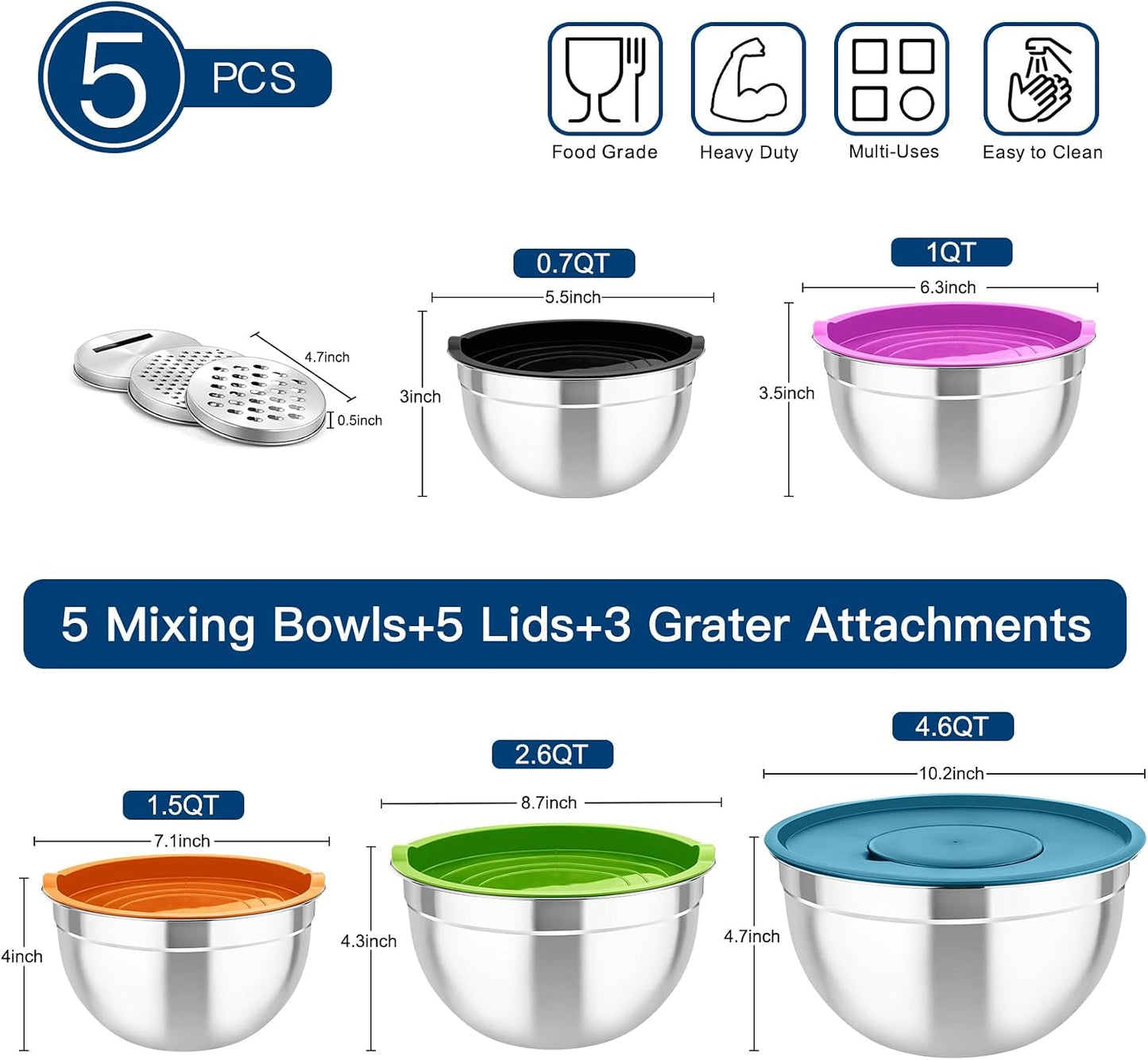 TeamFar Mixing Bowls with Airtight Lids, 5PCS Stainless Steel Metal Salad Bowl with 3 Grater Attachments, for Cooking, Prepping, Serving, Healthy & Easy Clean - 0.7/1/1.5/2.6/4.6QT, Black