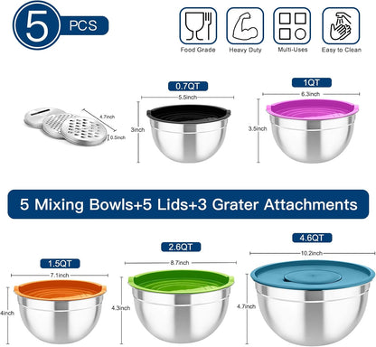 TeamFar Mixing Bowls with Airtight Lids, 5PCS Stainless Steel Metal Salad Bowl with 3 Grater Attachments, for Cooking, Prepping, Serving, Healthy & Easy Clean - 0.7/1/1.5/2.6/4.6QT, Black