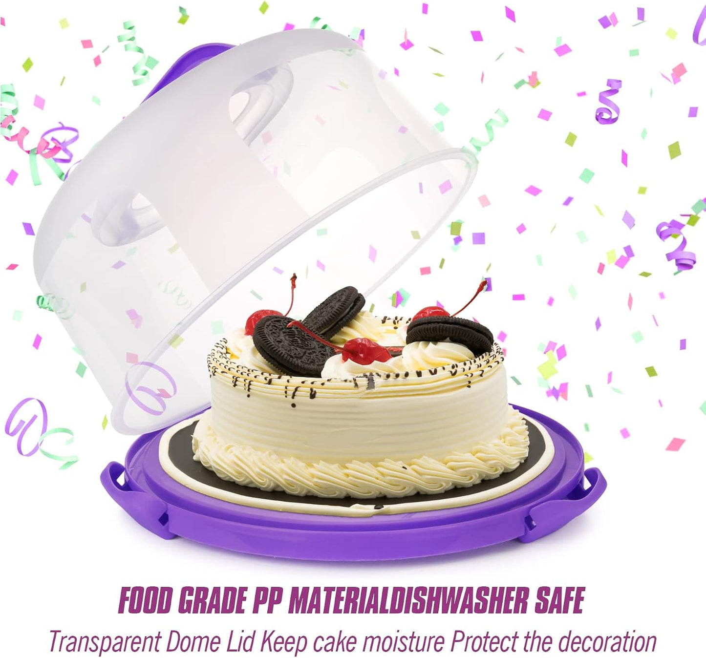Zoofen Cake Carrier with Handle 10in Cake Stand Holder Round Container for 10in or Less Size(Purple)