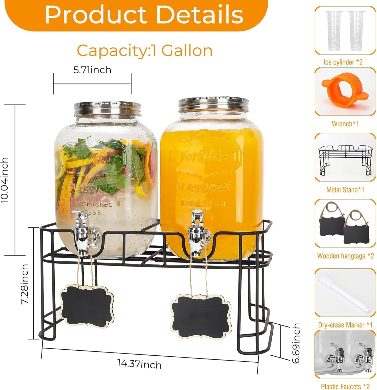 1 Gallon Glass Drink Dispensers with Wood Lid, 2 Pack Clear Beverage Dispenser with Stand and Spigot for Parties, Lemonade Dispenser with Markers and Chalkboard for BBQ, Picnic
