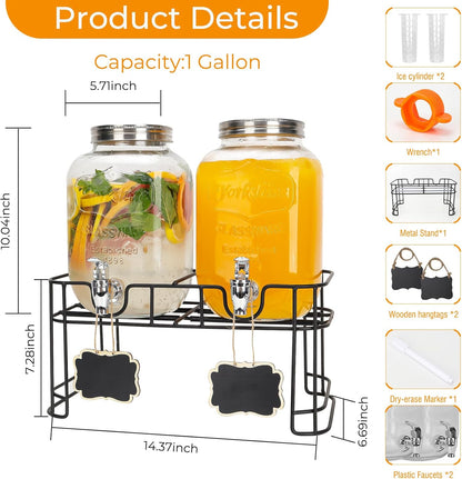 1 Gallon Glass Drink Dispensers with Wood Lid, 2 Pack Clear Beverage Dispenser with Stand and Spigot for Parties, Lemonade Dispenser with Markers and Chalkboard for BBQ, Picnic