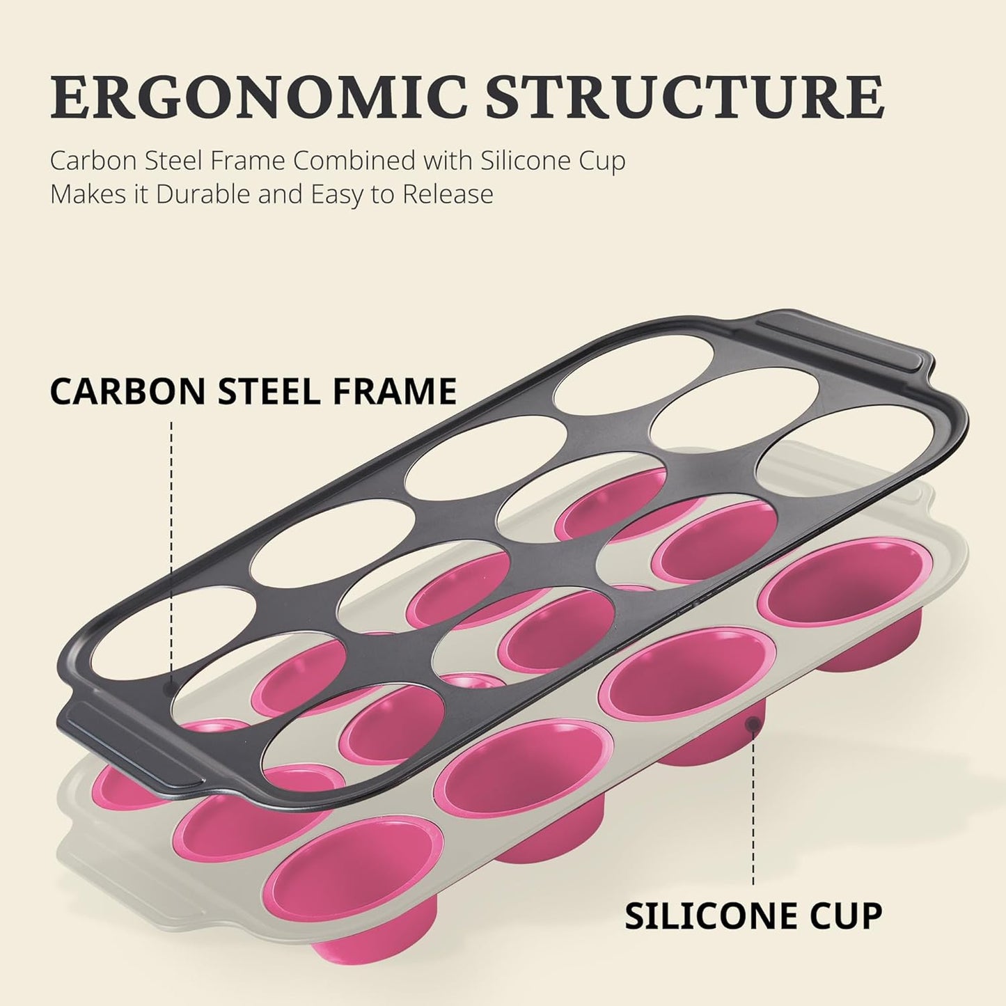 BRONYPRO Silicone Muffin Pans for Baking with Metal Frame, Egg Bite Molds, Cupcake Pans 12 Regular Size, Muffin Tins Easy to Pop Nonstick Non Toxic Bakeware for Oven,Blue