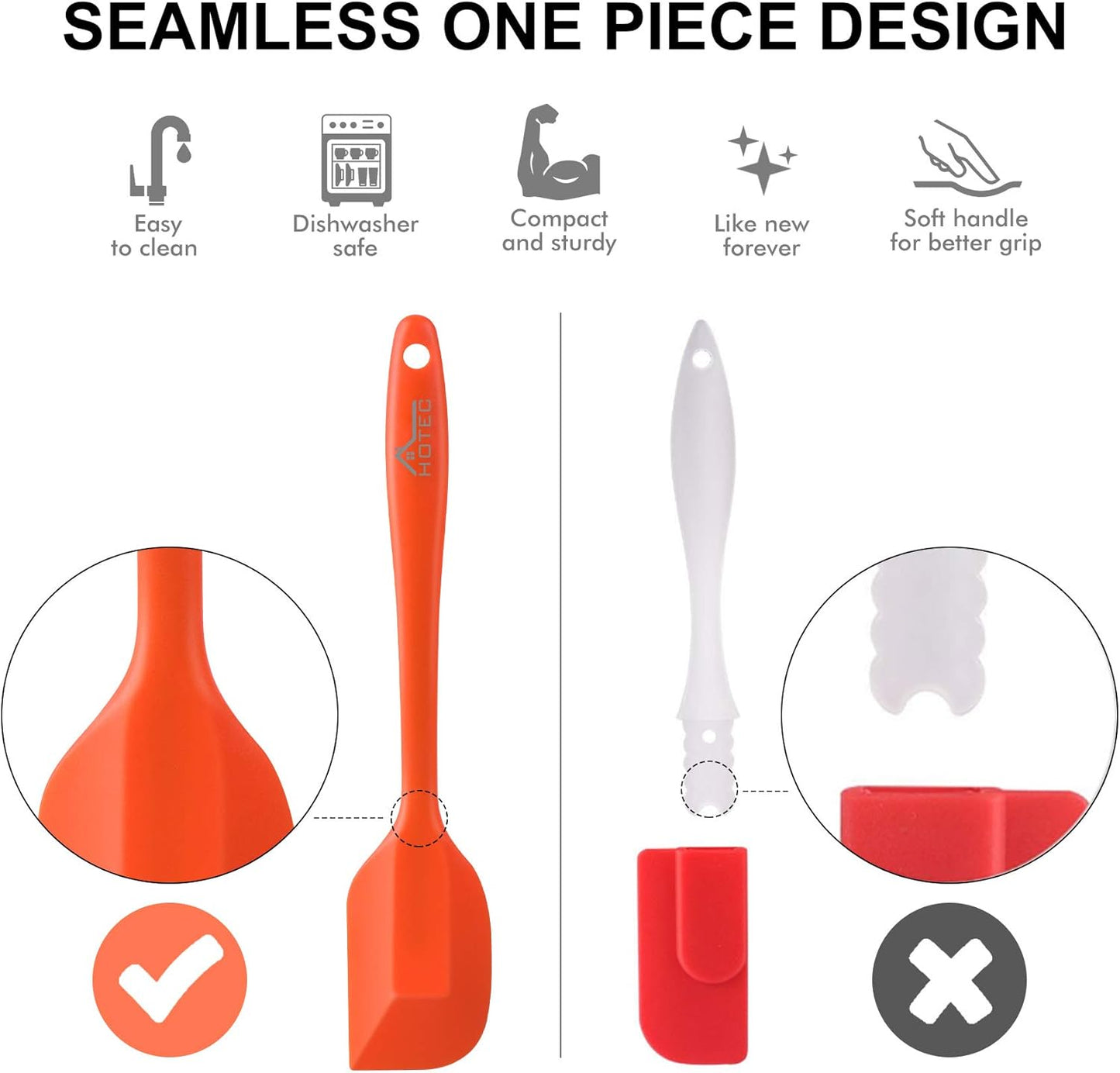 HOTEC Heat Resistant 600℉ Food Grade Silicone Rubber Spatula Set for Baking, Cooking, and Mixing Non Stick Dishwasher Safe BPA-Free Multicolor Set of 5