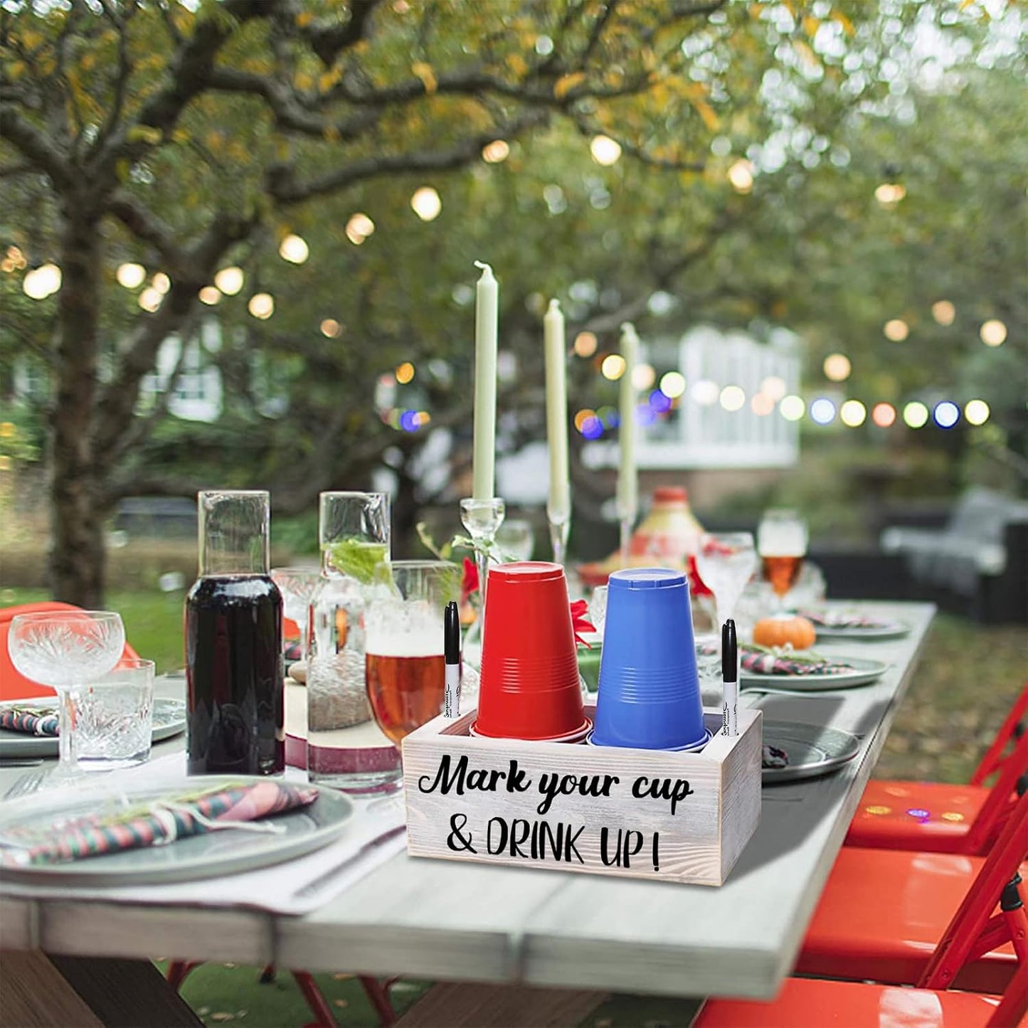 Wooden Cup Holder with Marker Slot, Disposable Plastic Party Cup Organizer for Holiday Gatherings - Hosting Essential to Mark Your Cup & Drink Up, Prevent Mix-Ups, Reduce Waste